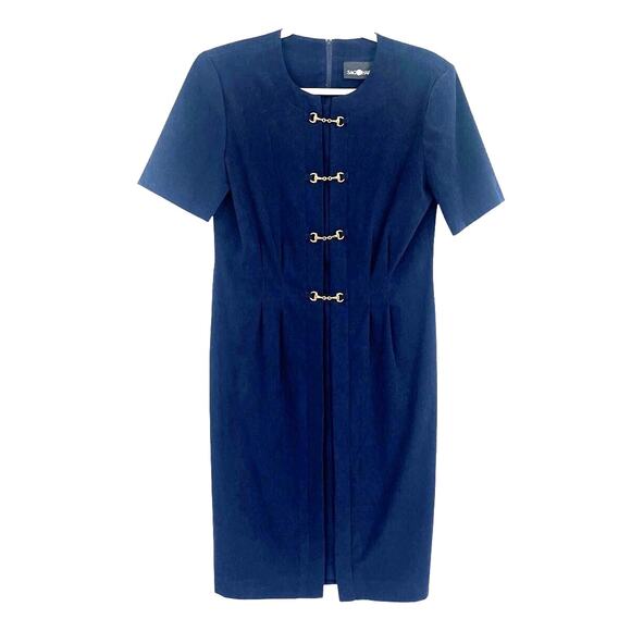 Vtg 90s Sag Harbor Horsebit Sheath Dres 8 Equestrian Old Money Preppy Chic Navy - Picture 1 of 12